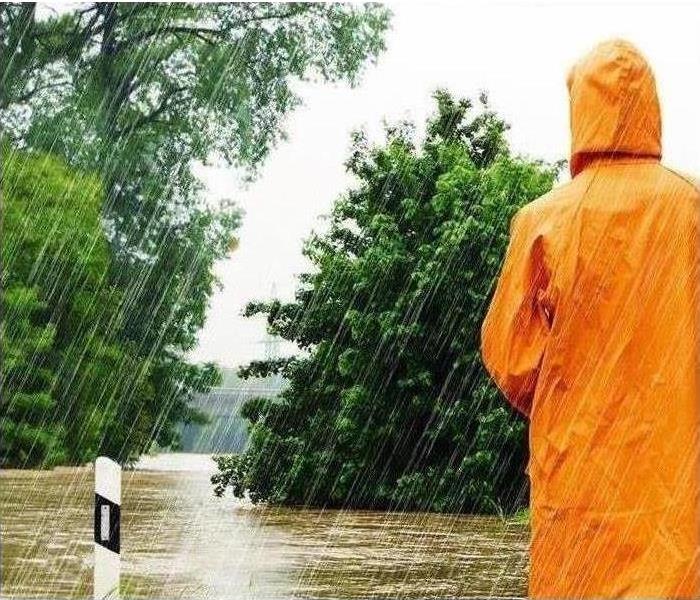 Flood outside. human in a yellow rain jacket staring at tree